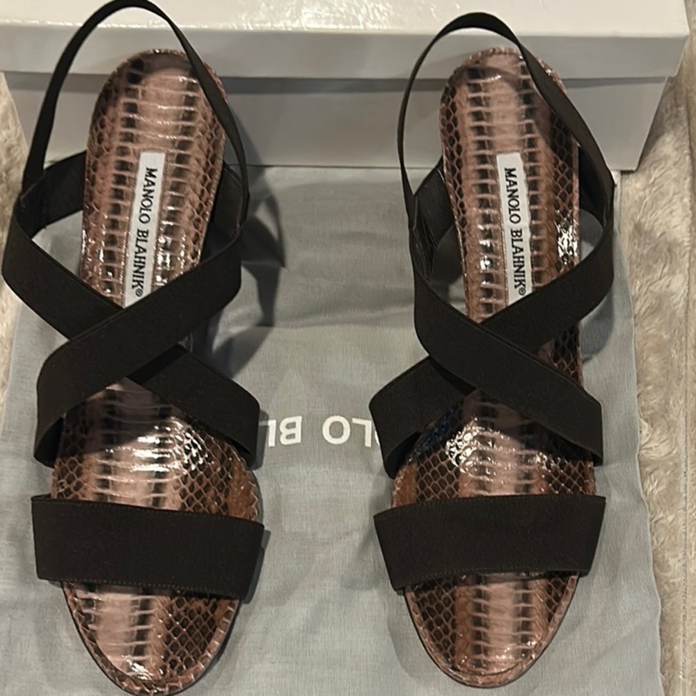 Manolo Blahnik Black and Brown Sandals with Strappy Design